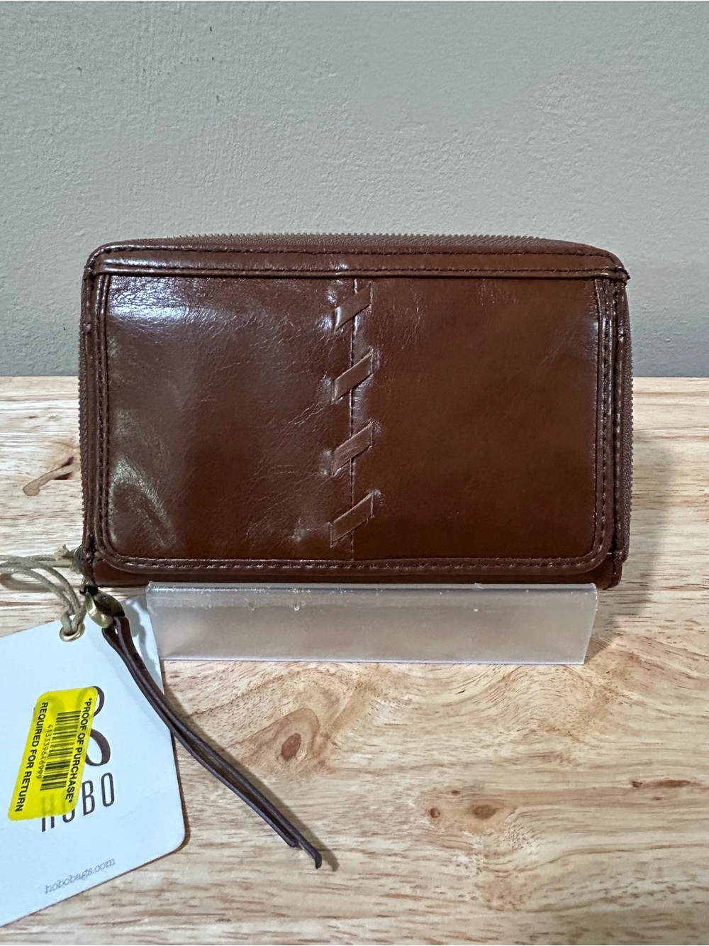 HOBO Brown Leather Zip Wallet with Woven Detail